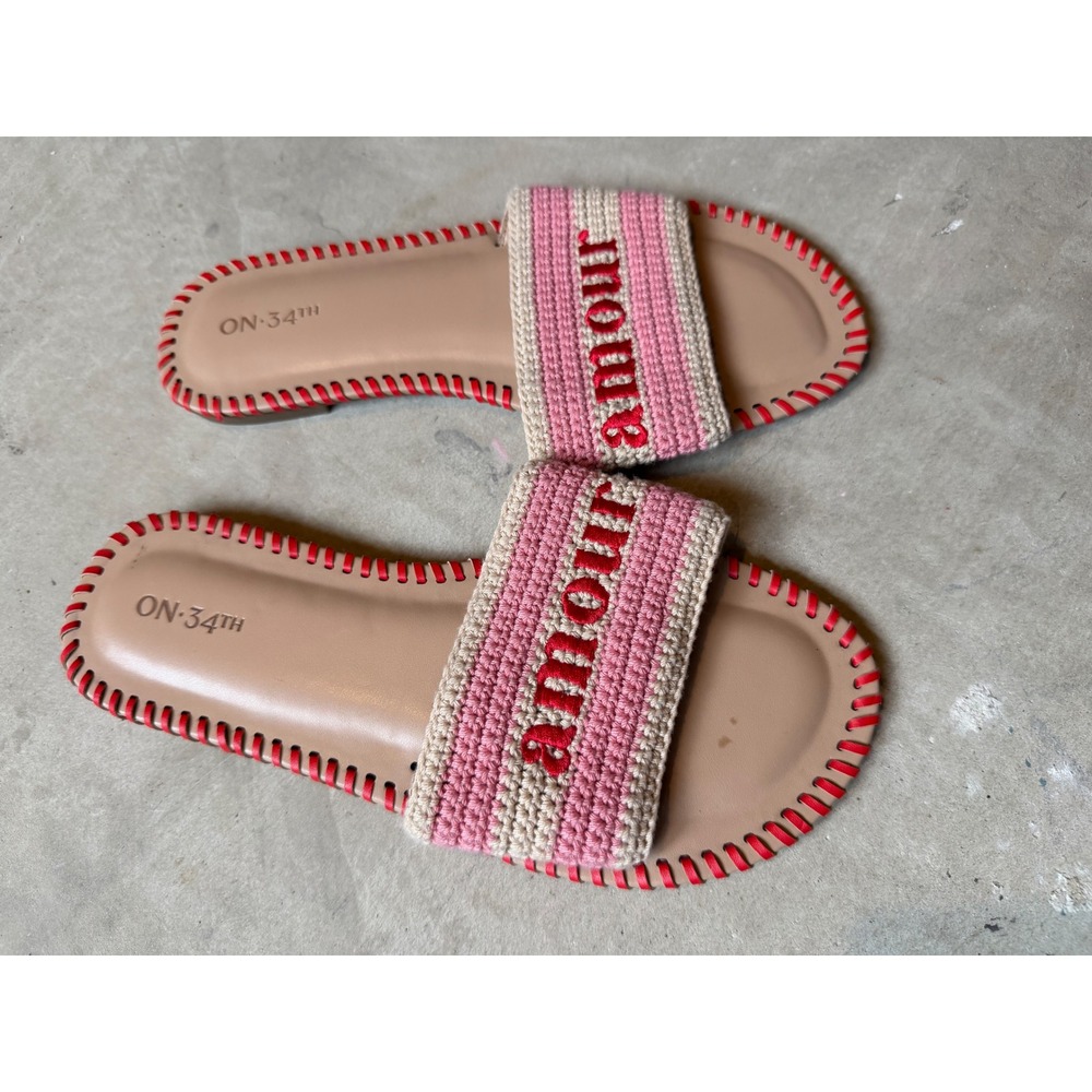On 34th Madelyn Pink Crochet Amour Slide‎ Sandals Red Whipstitch 8.5M 34-Madelyn
